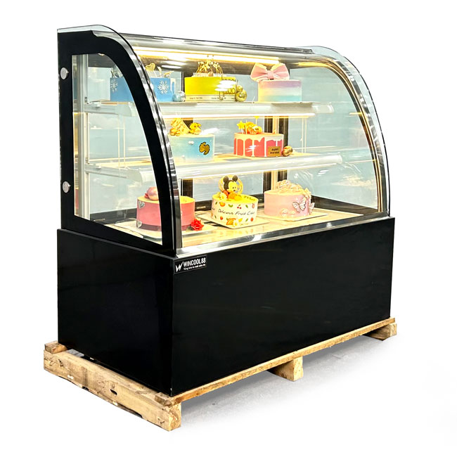 Tủ bánh kem kệ vàng 1m2 kính cong 3 tầng màu đen