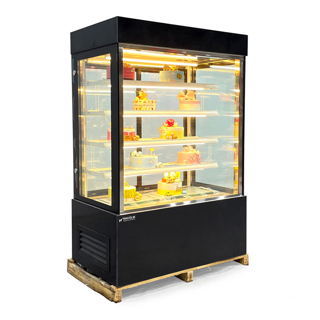 Tủ bánh kem kệ vàng 1m2 kính vuông 5 tầng màu đen
