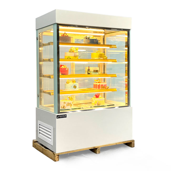Tủ bánh kem kệ vàng 1m2 kính vuông 5 tầng màu trắng