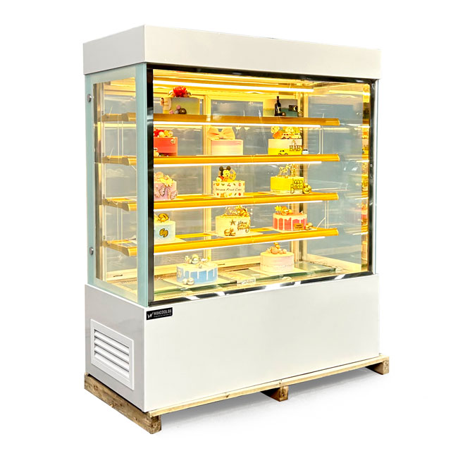Tủ bánh kem kệ vàng 1m5 kính vuông 5 tầng màu trắng