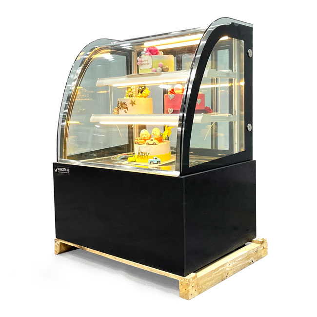 Tủ bánh kem kệ vàng 90cm kính cong 3 tầng màu đen