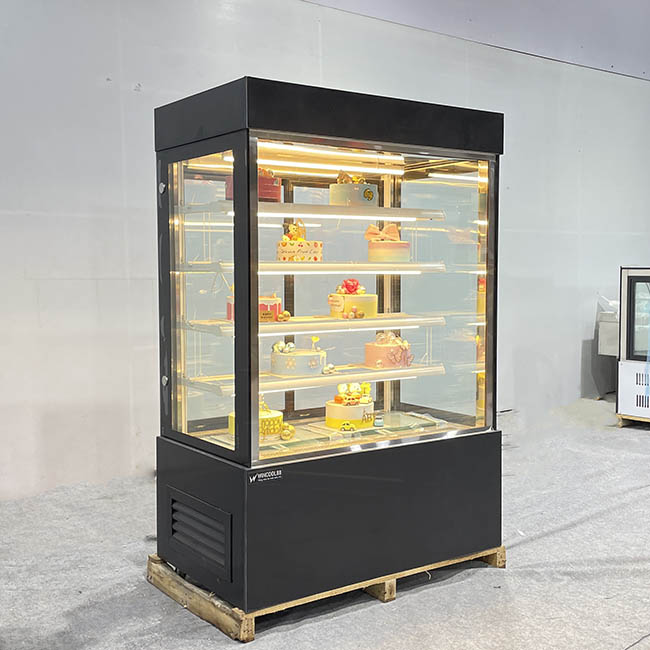 Tủ bánh kem kệ vàng 1m2 kính vuông 5 tầng đen trái