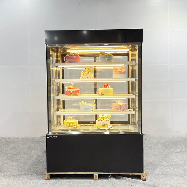Tủ bánh kem kệ vàng 1m2 kính vuông 5 tầng đen