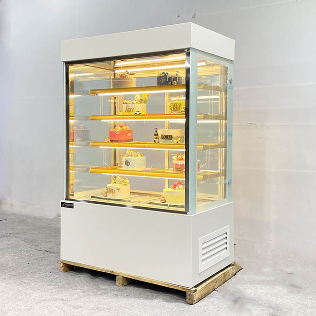 Tủ bánh kem kệ vàng 1m2 kính vuông 5 tầng trắng phải