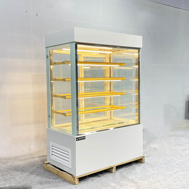 Tủ bánh kem kệ vàng 1m2 kính vuông 5 tầng trắng trái