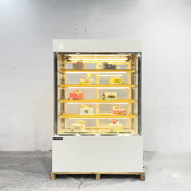 Tủ bánh kem kệ vàng 1m2 kính vuông 5 tầng trắng