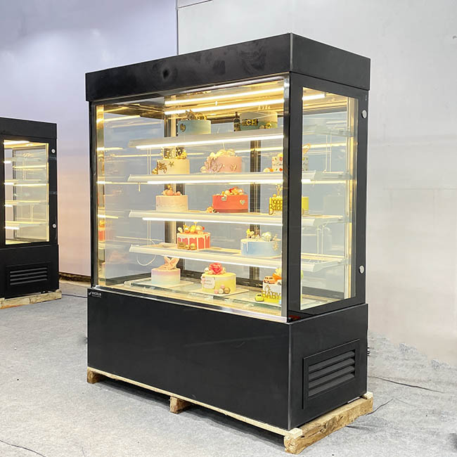 Tủ bánh kem kệ vàng 1m5 kính vuông 5 tầng đen phải