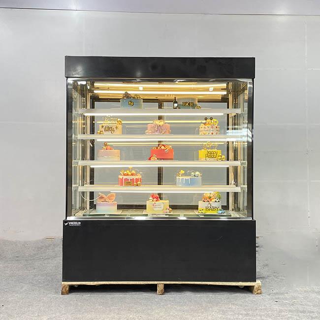 Tủ bánh kem kệ vàng 1m5 kính vuông 5 tầng đen