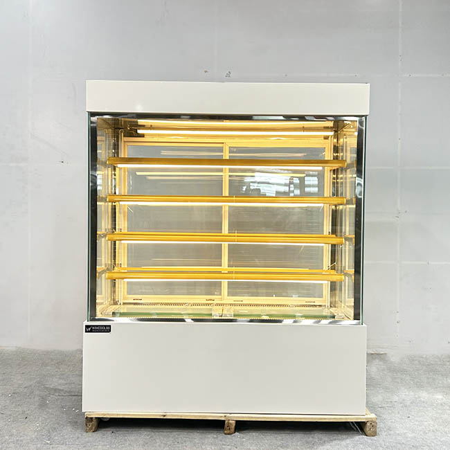 Tủ bánh kem kệ vàng 1m5 kính vuông 5 tầng trắng