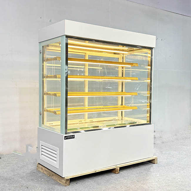 Tủ bánh kem kệ vàng 1m8 kính vuông 5 tầng trắng trái