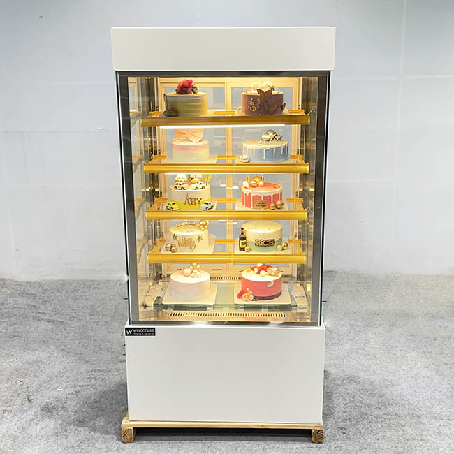 Tủ bánh kem kệ vàng 90cm kính vuông 5 tầng trắng