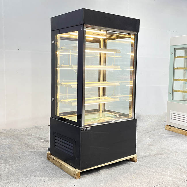 Tủ bánh kem kệ vàng 90cm kính vuông 5 tầng đen phải