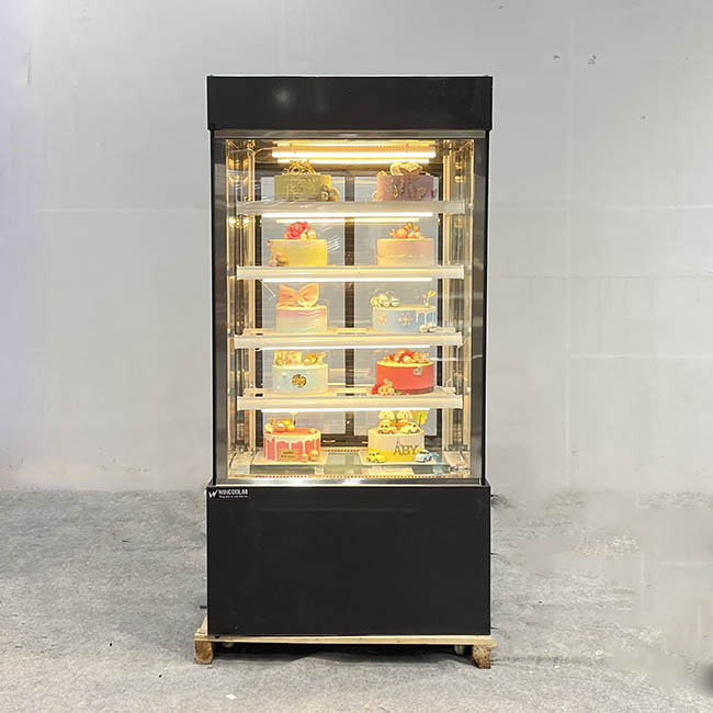 Tủ bánh kem kệ vàng 90cm kính vuông 5 tầng đen