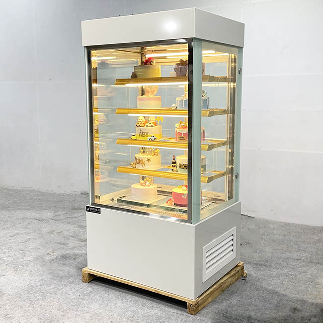 Tủ bánh kem kệ vàng 90cm kính vuông 5 tầng trắng trái