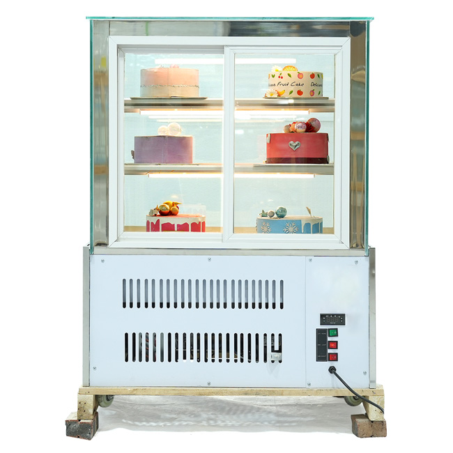 Tủ bánh kem 90cm kính vuông inox